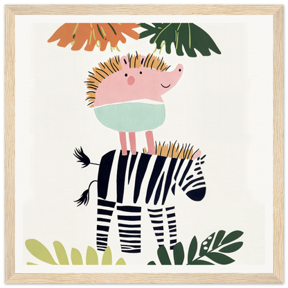 Pink hedgehog in mint green atop zebra in special edition Dream-Zebra Frolic art