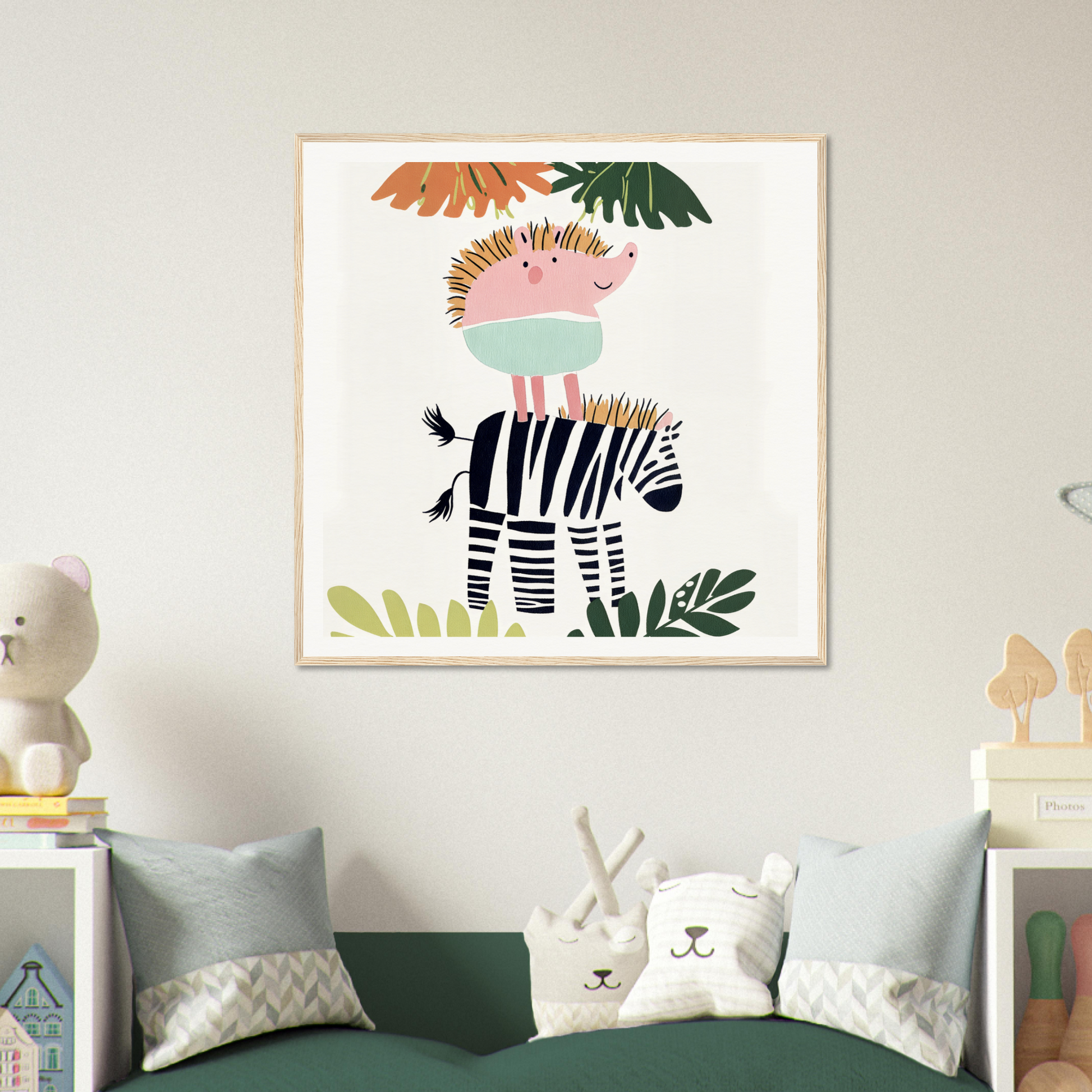 Framed special edition art of a pink hedgehog on a zebra in tropical leaves