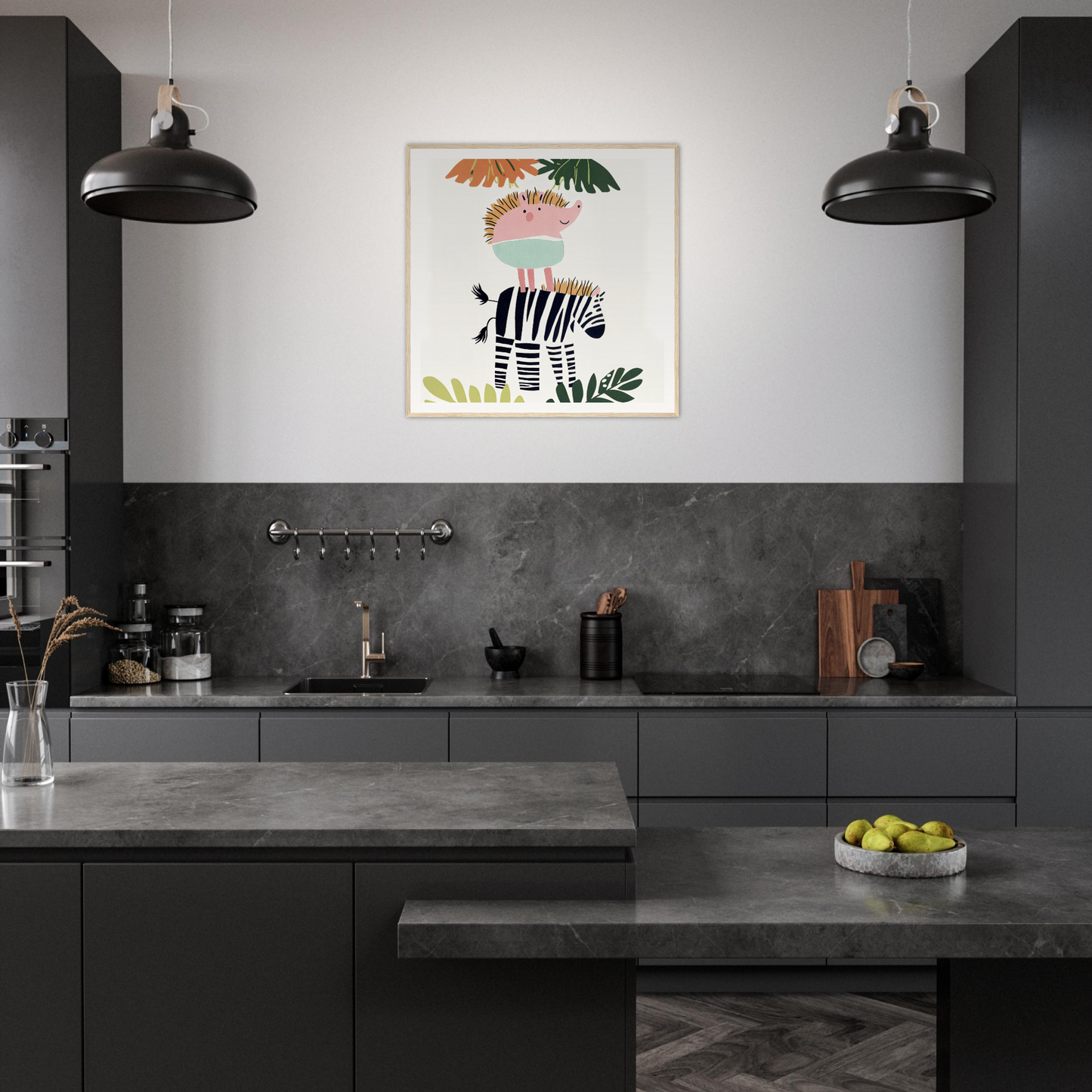 Modern dark gray kitchen featuring industrial pendant lights and Dream-Zebra Frolic artwork