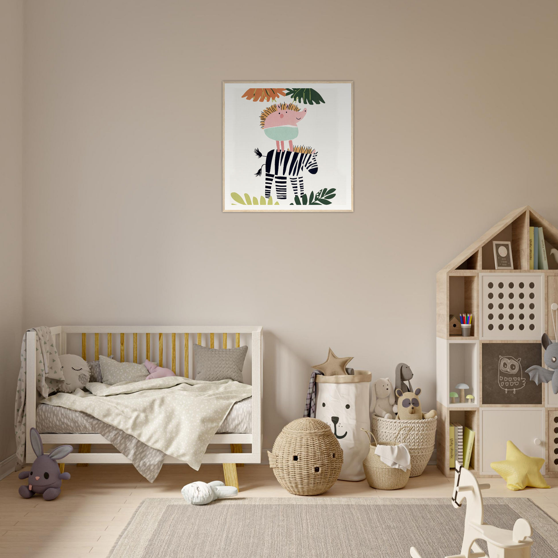 Wooden crib with gray bedding and yellow accents from Dream-Zebra Frolic special edition