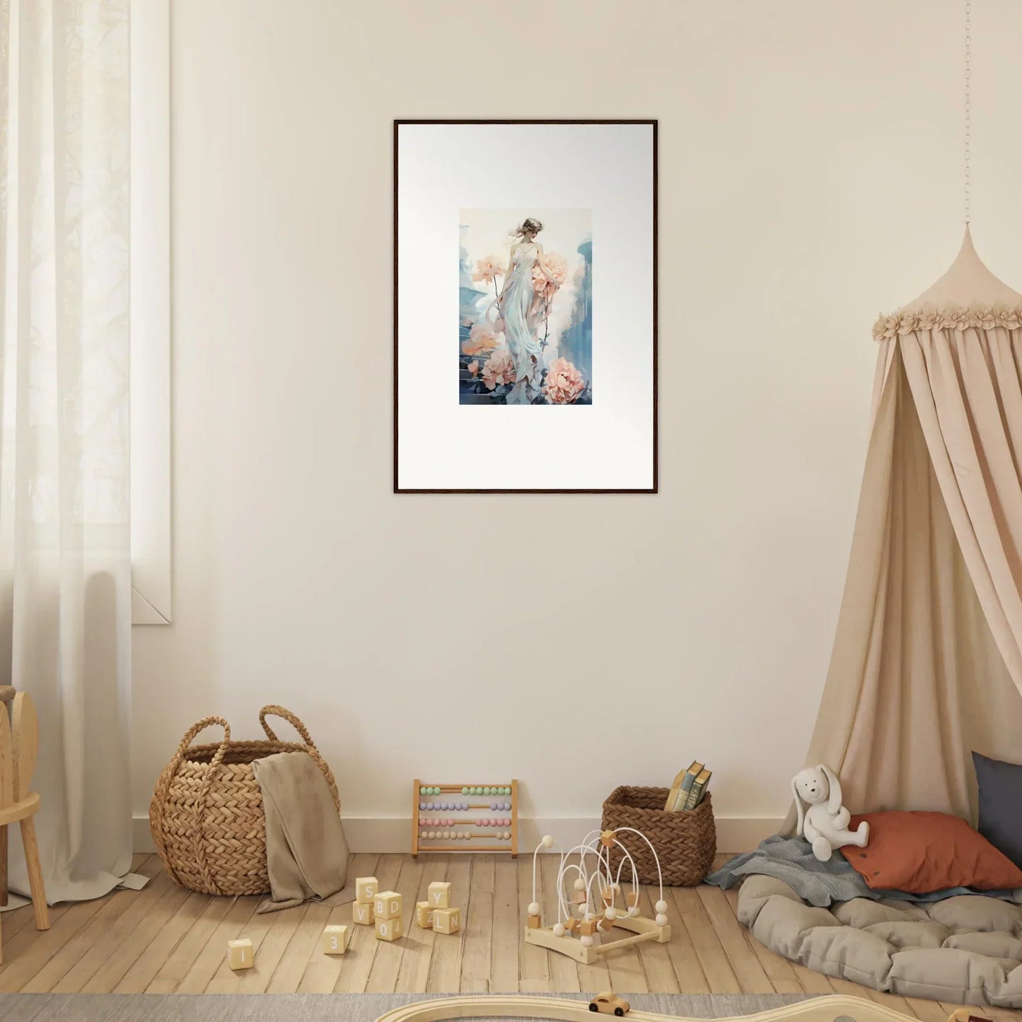 Framed wall art of a figure in soft, ethereal watercolors for floral ballet room decor