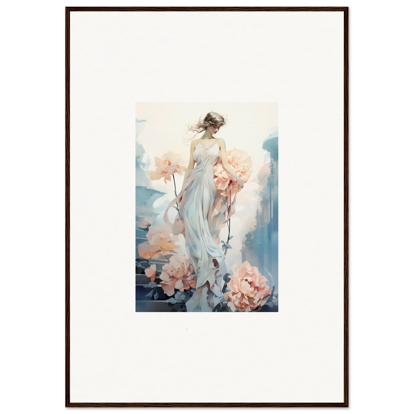 Framed wall art of a woman in a flowing dress for dreamy floral ballet room decor