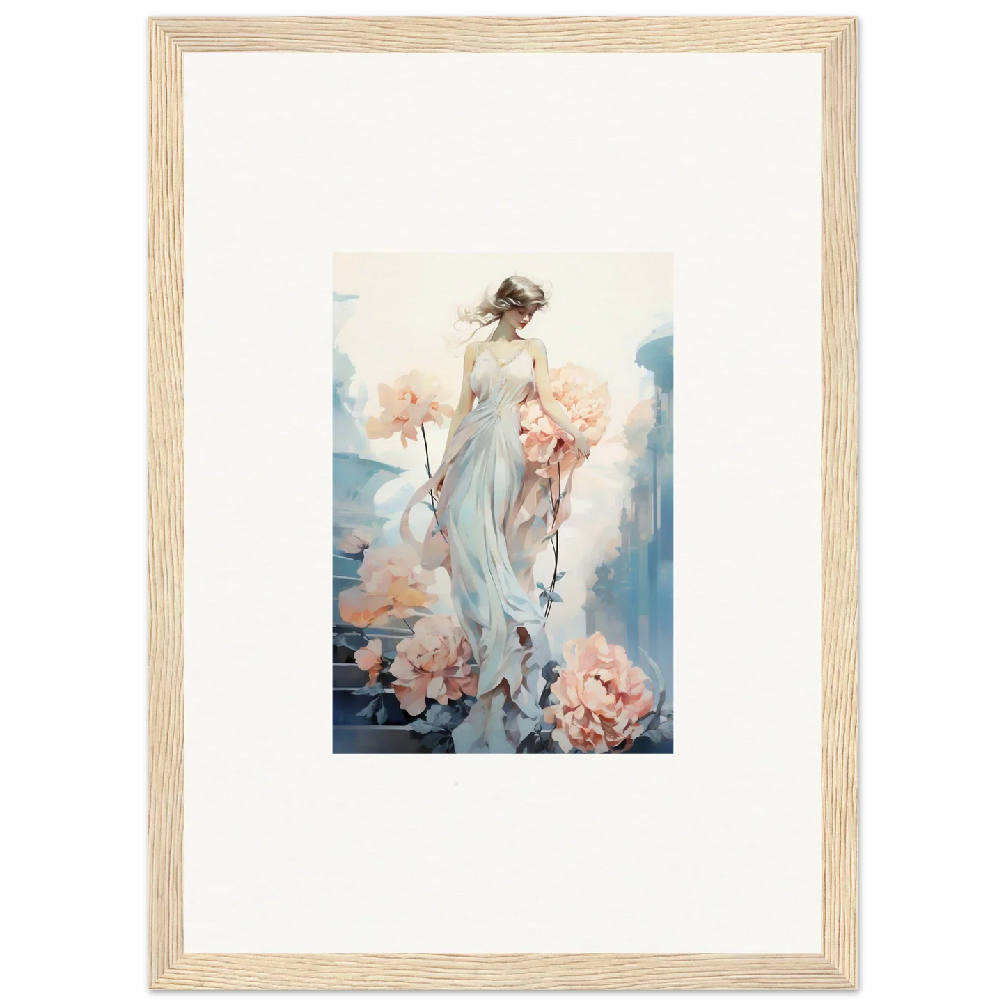 Framed watercolor of a woman in a flowing dress, perfect for floral ballet room decor