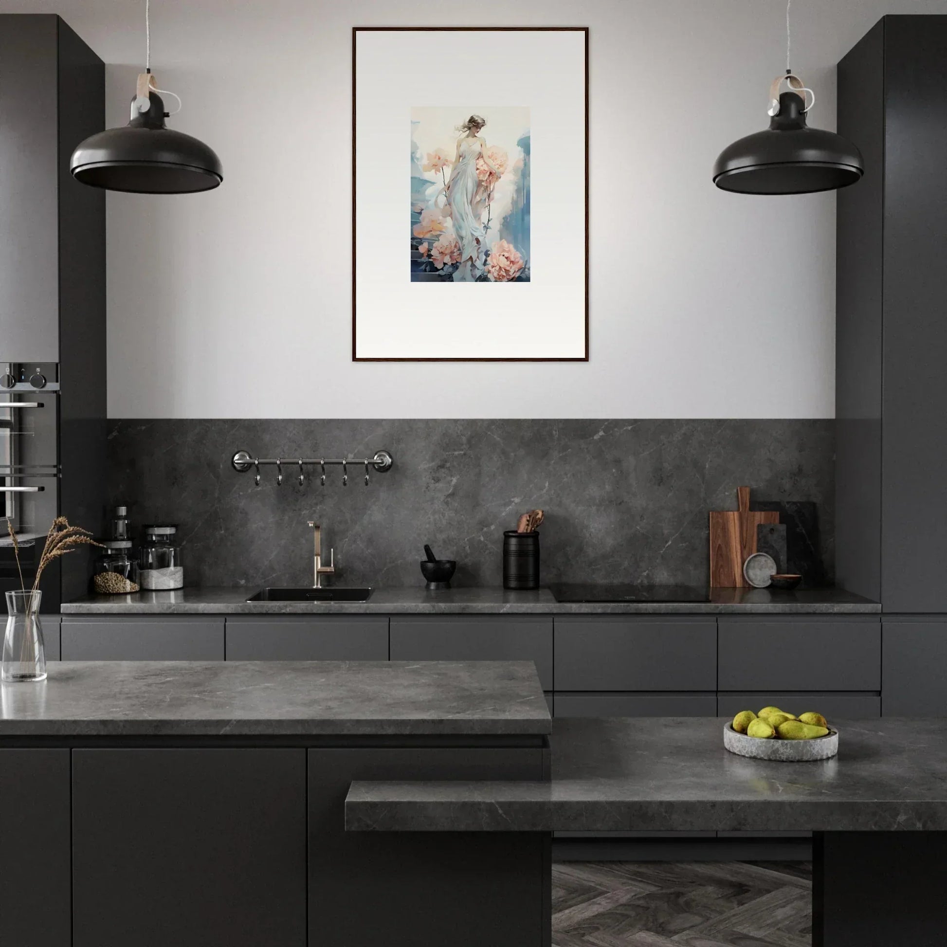 Modern dark kitchen featuring framed wall art, enhancing floral ballet room decor