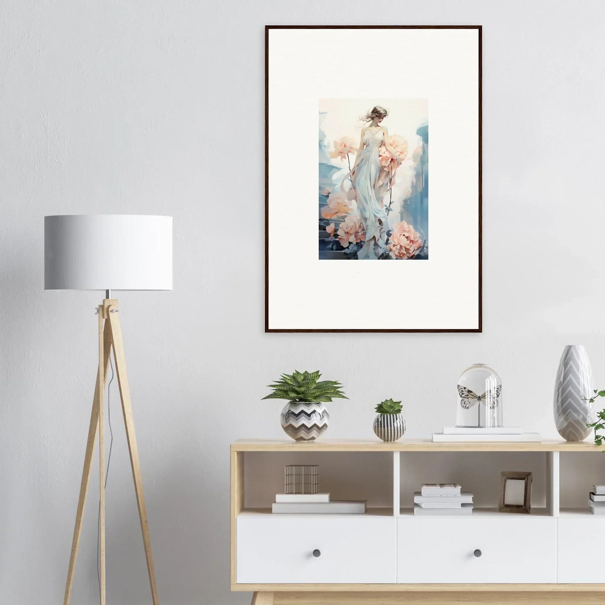 Framed watercolor painting of ethereal female figure for floral ballet room decor