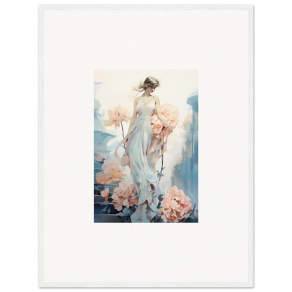 Watercolor painting of a woman in a white dress with pink flowers for floral ballet room decor