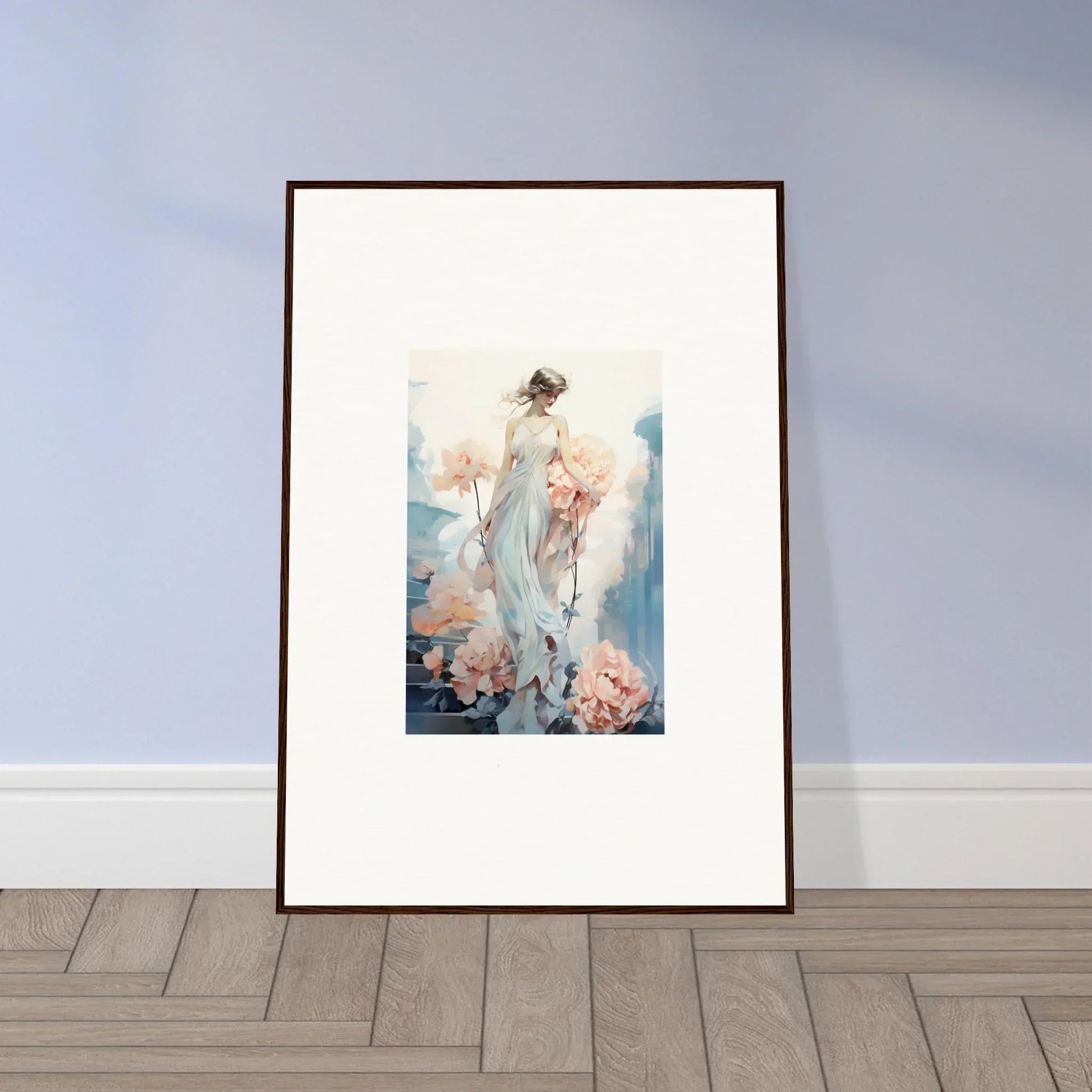 Framed watercolor painting of an ethereal feminine figure in floral ballet room decor