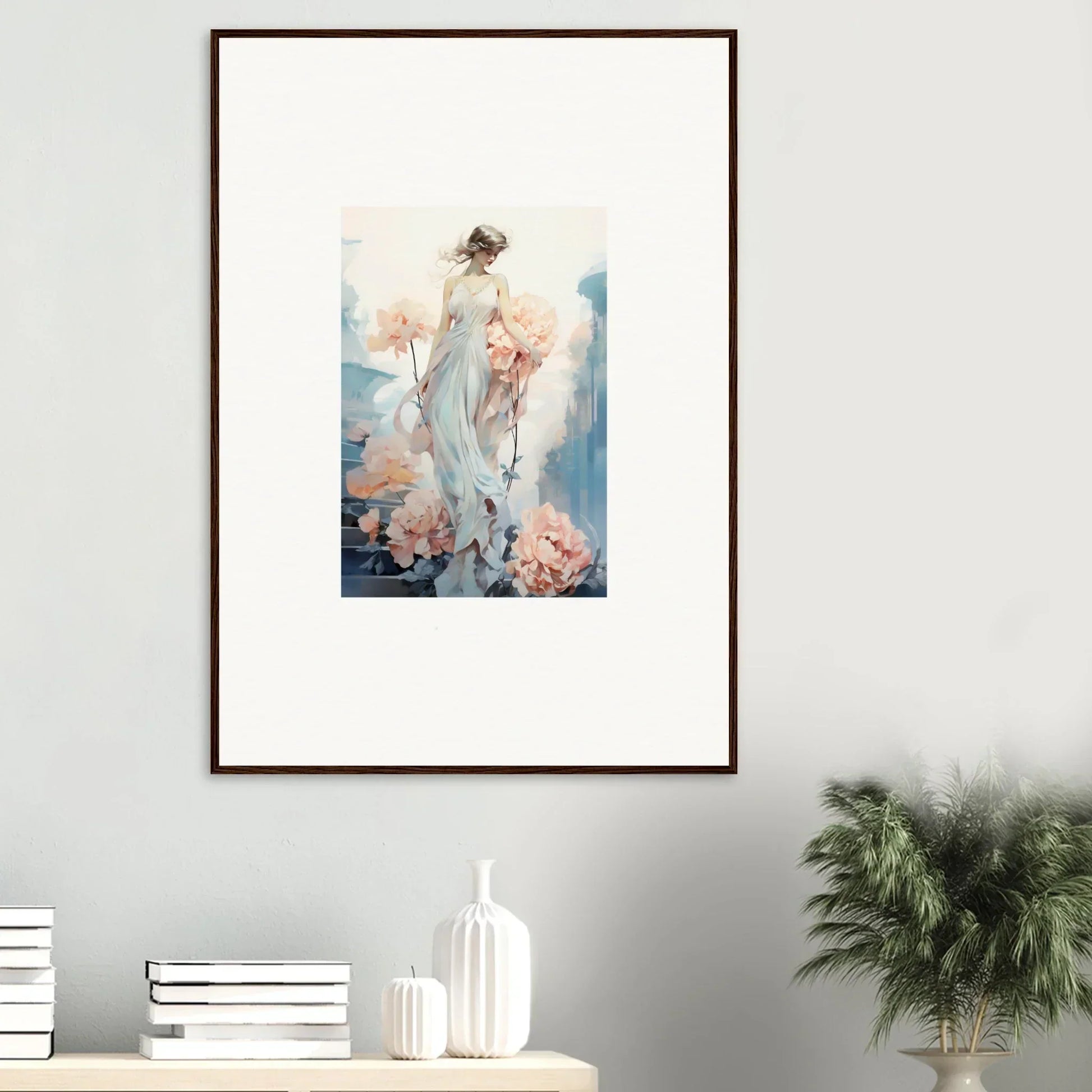 Framed wall art of an ethereal female figure in floral ballet with pastel flowers