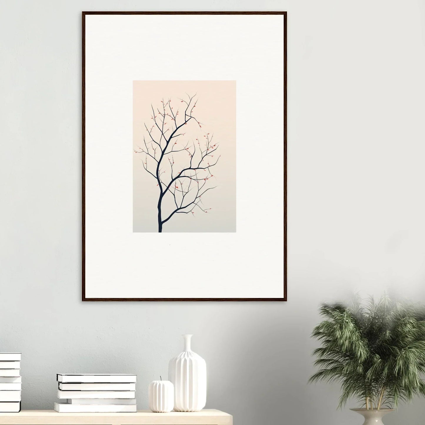 Framed canvas print of a tree branch silhouette for dreamy silent renewal room decoration