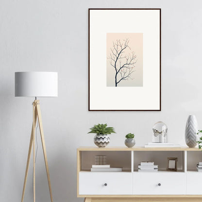 Framed minimalist canvas print of a bare tree branch, perfect for silent renewal room decoration