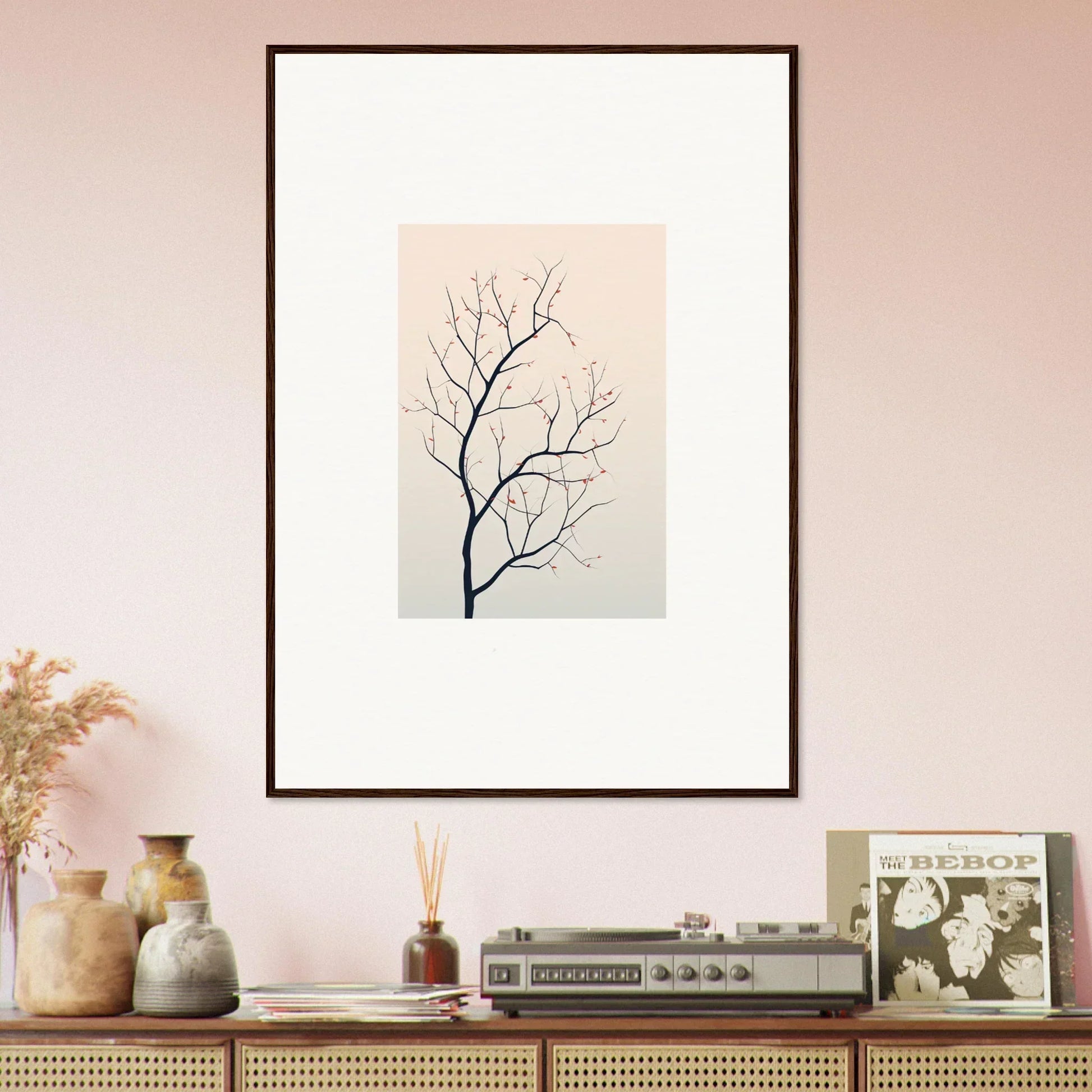 Framed minimalist canvas print of a tree branch for silent renewal room decoration