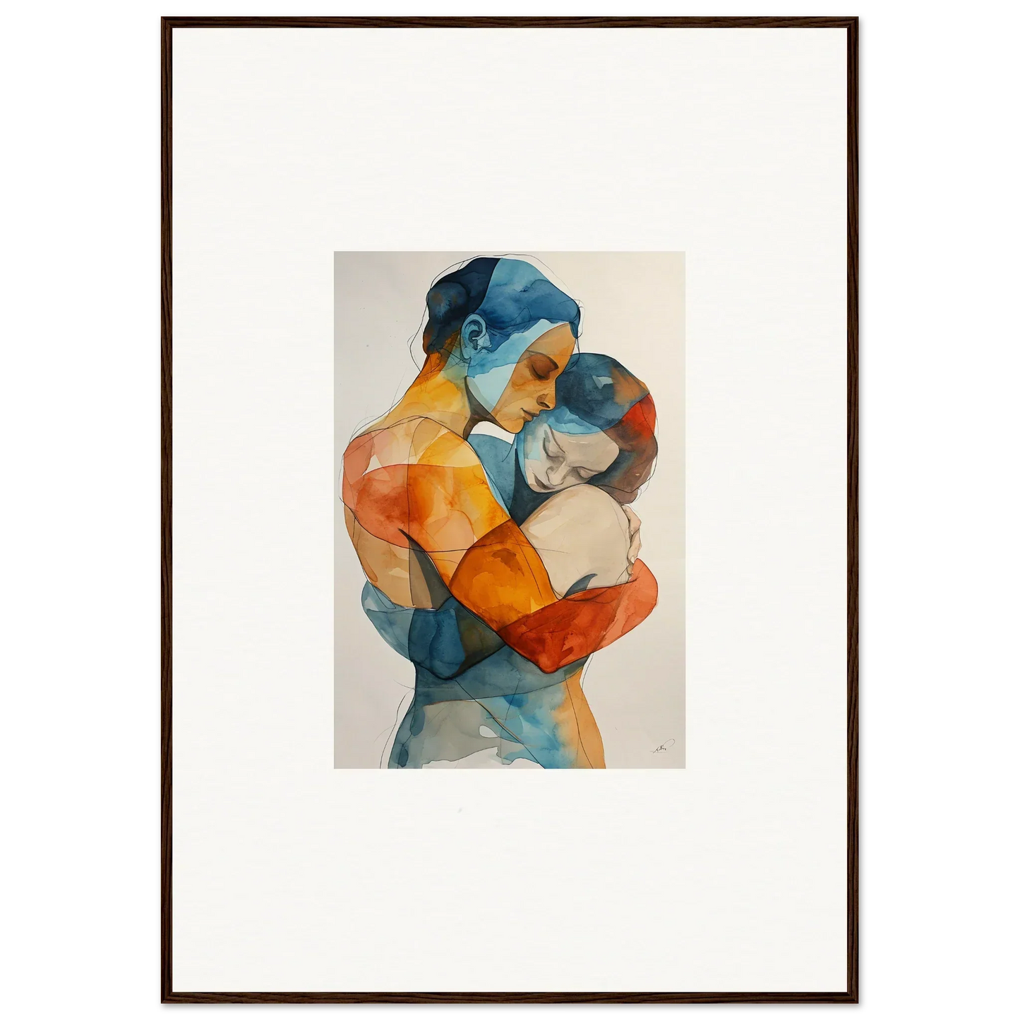 Watercolor canvas print of two embracing figures, perfect for room decoration