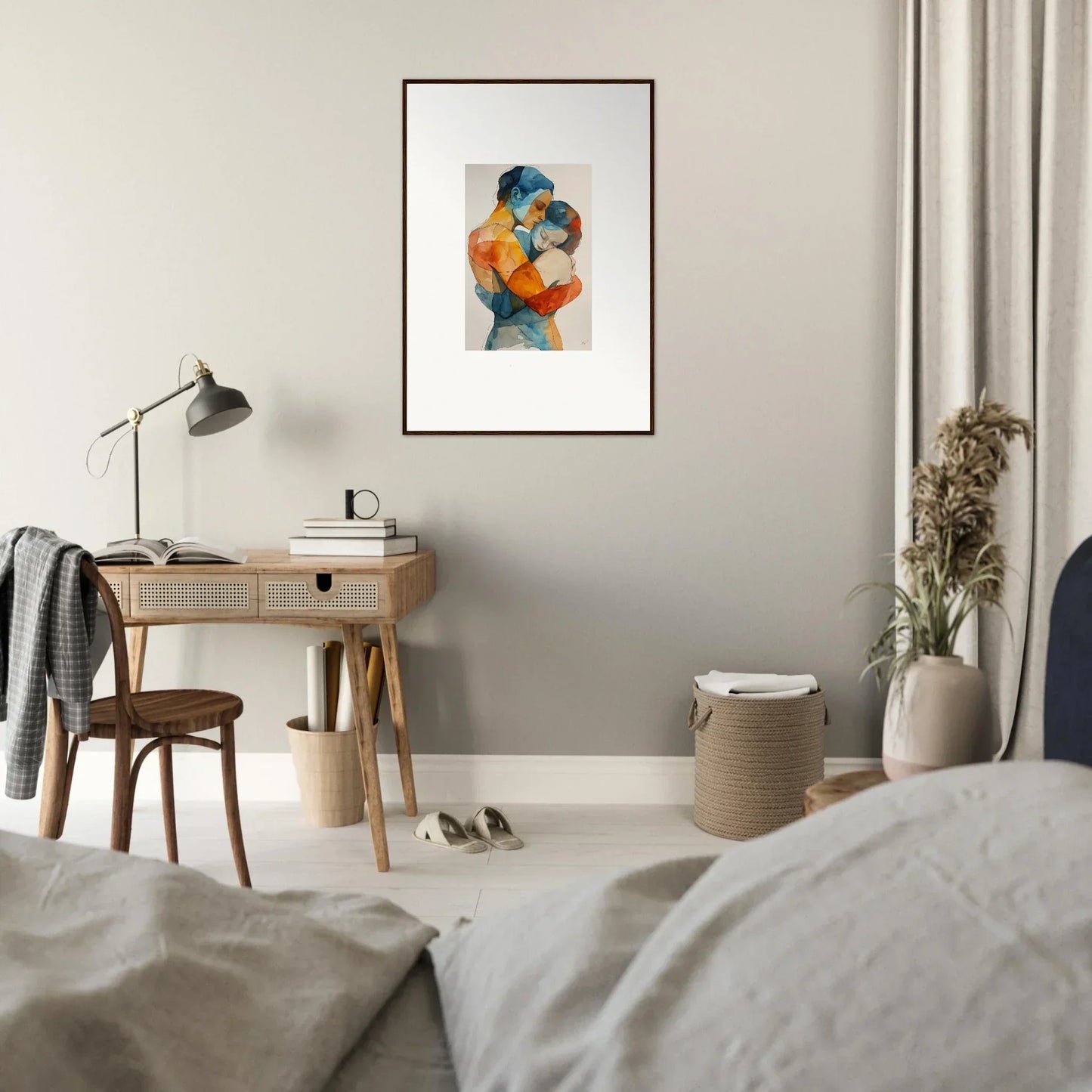 Colorful abstract canvas print of two figures embracing for room decoration