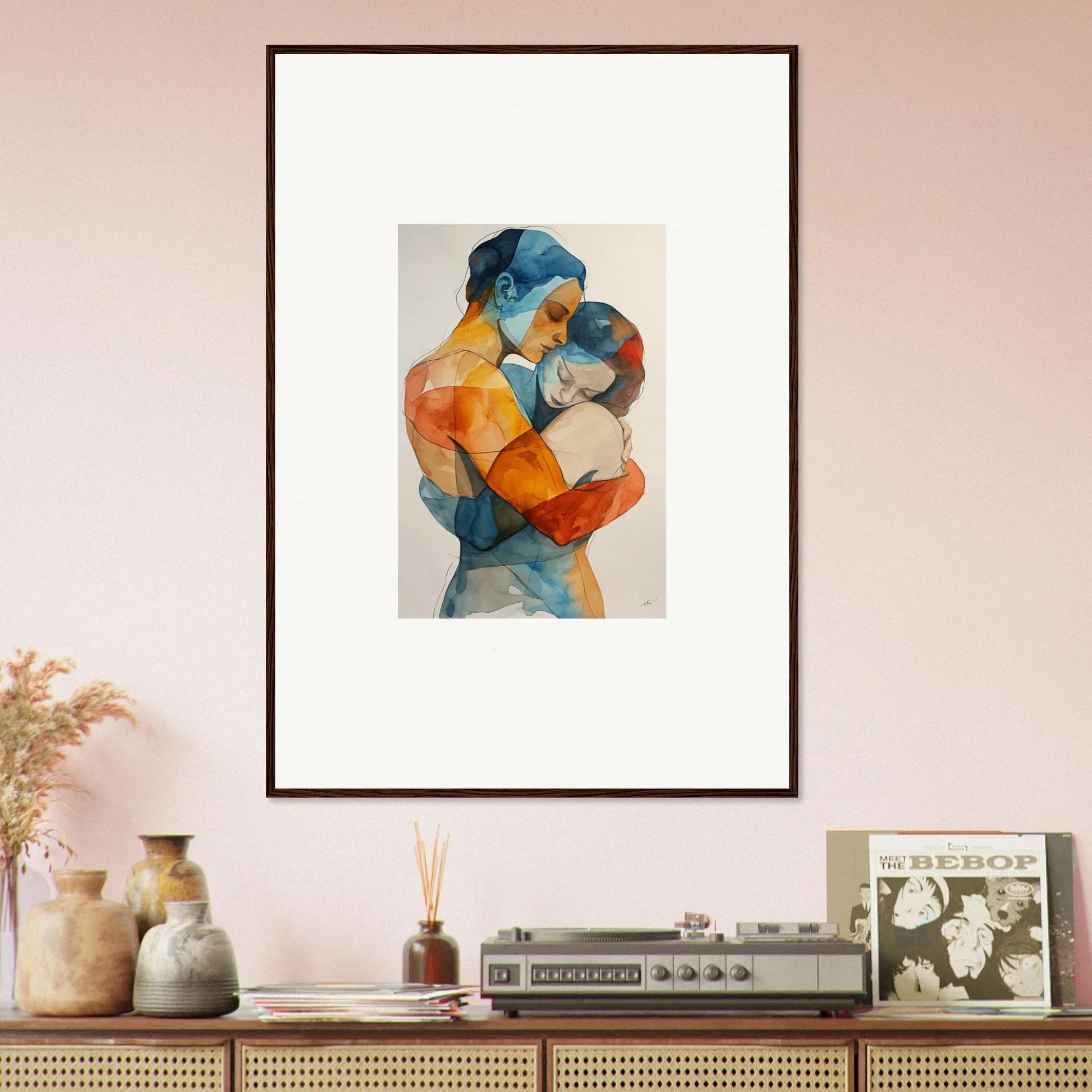 Framed abstract watercolor of two embracing figures, perfect for Touchpoint Ballerina room decoration