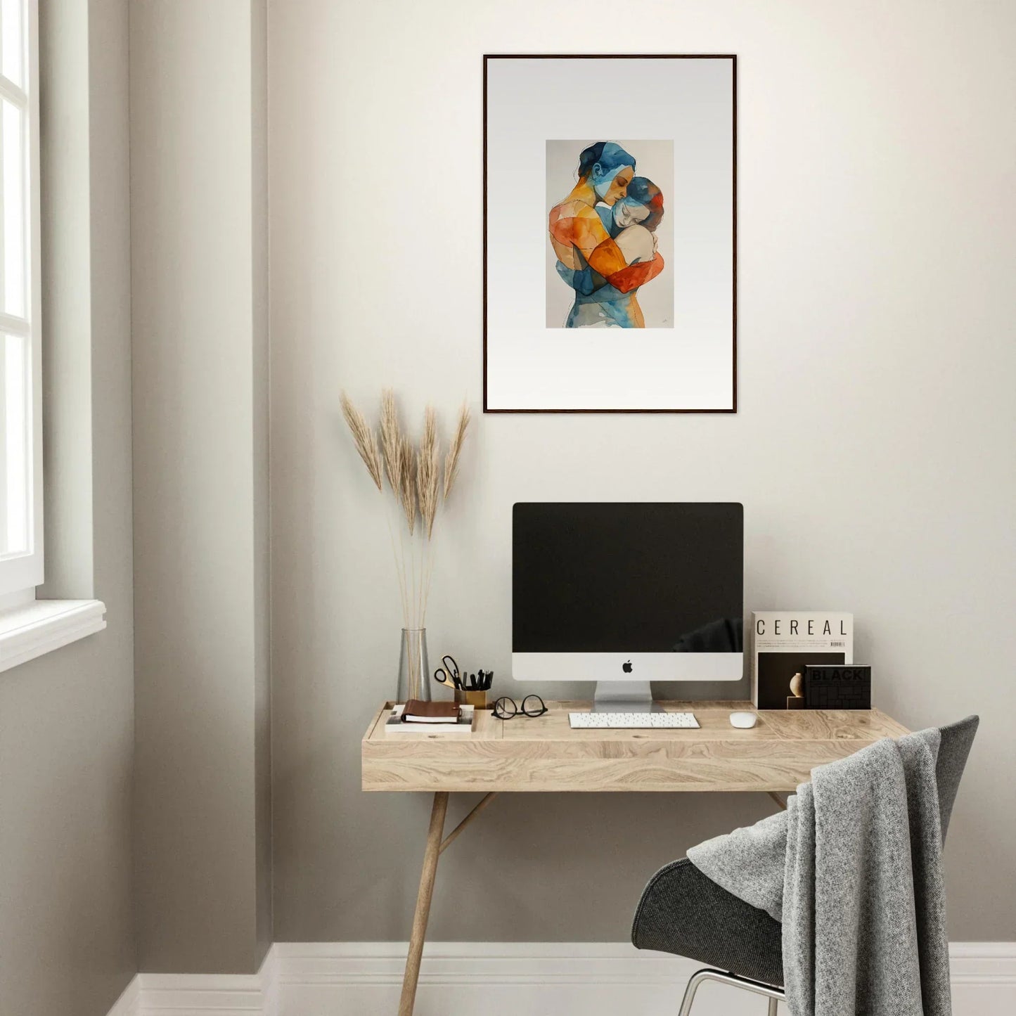 Minimalist home office with wooden desk, computer, and Touchpoint Ballerina canvas print