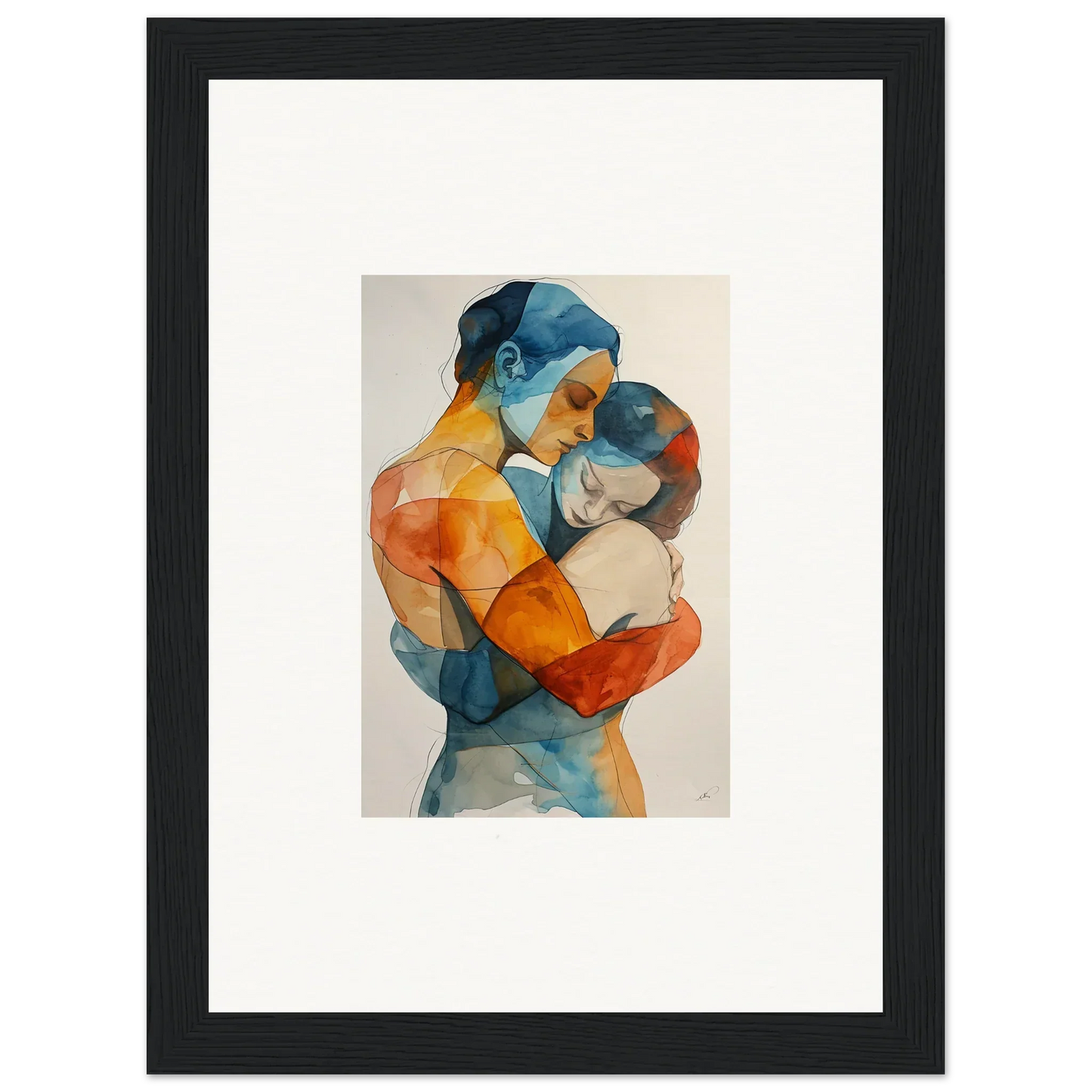 Watercolor canvas print of embracing figures in blue and orange, perfect for room decoration