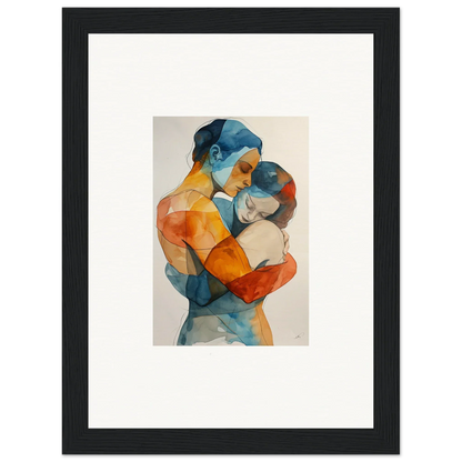 Watercolor canvas print of embracing figures in blue and orange, perfect for room decoration