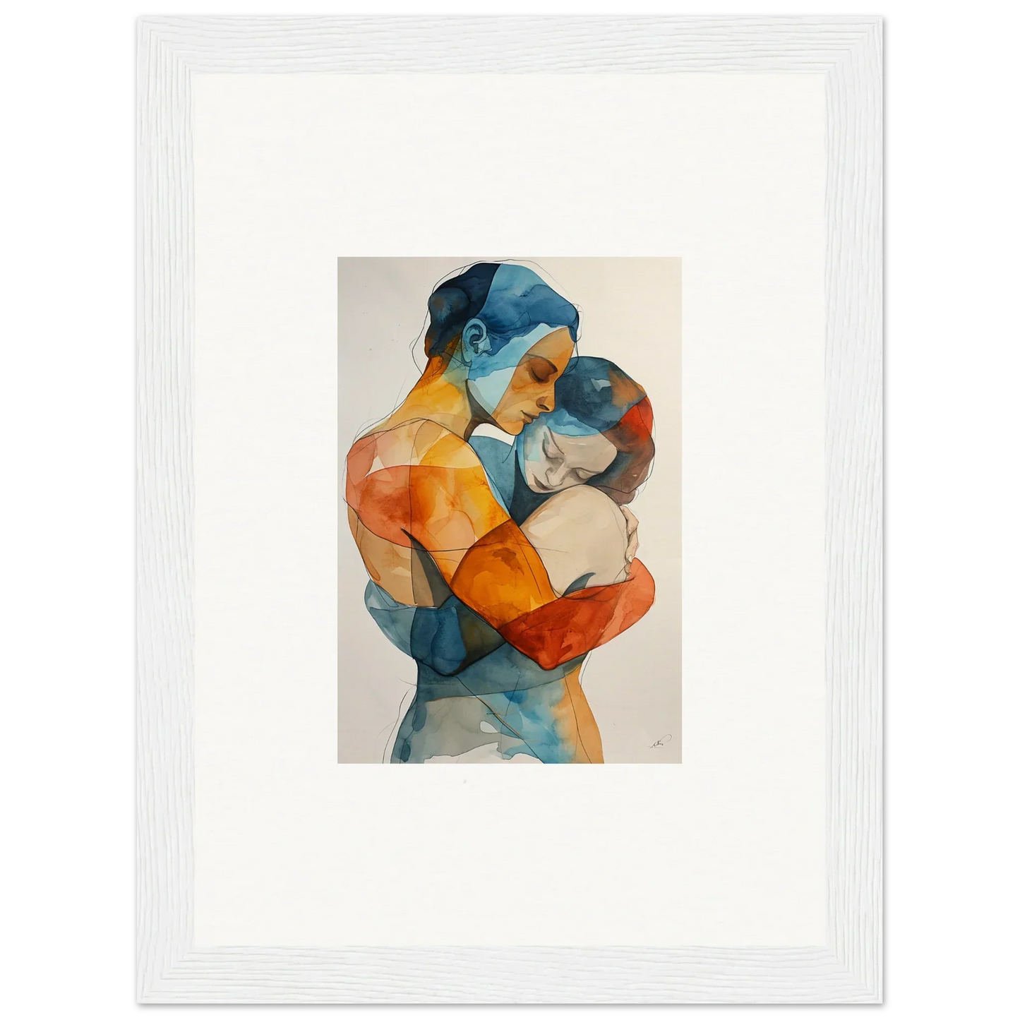 Watercolor canvas print of two embracing figures for dreamy room decoration