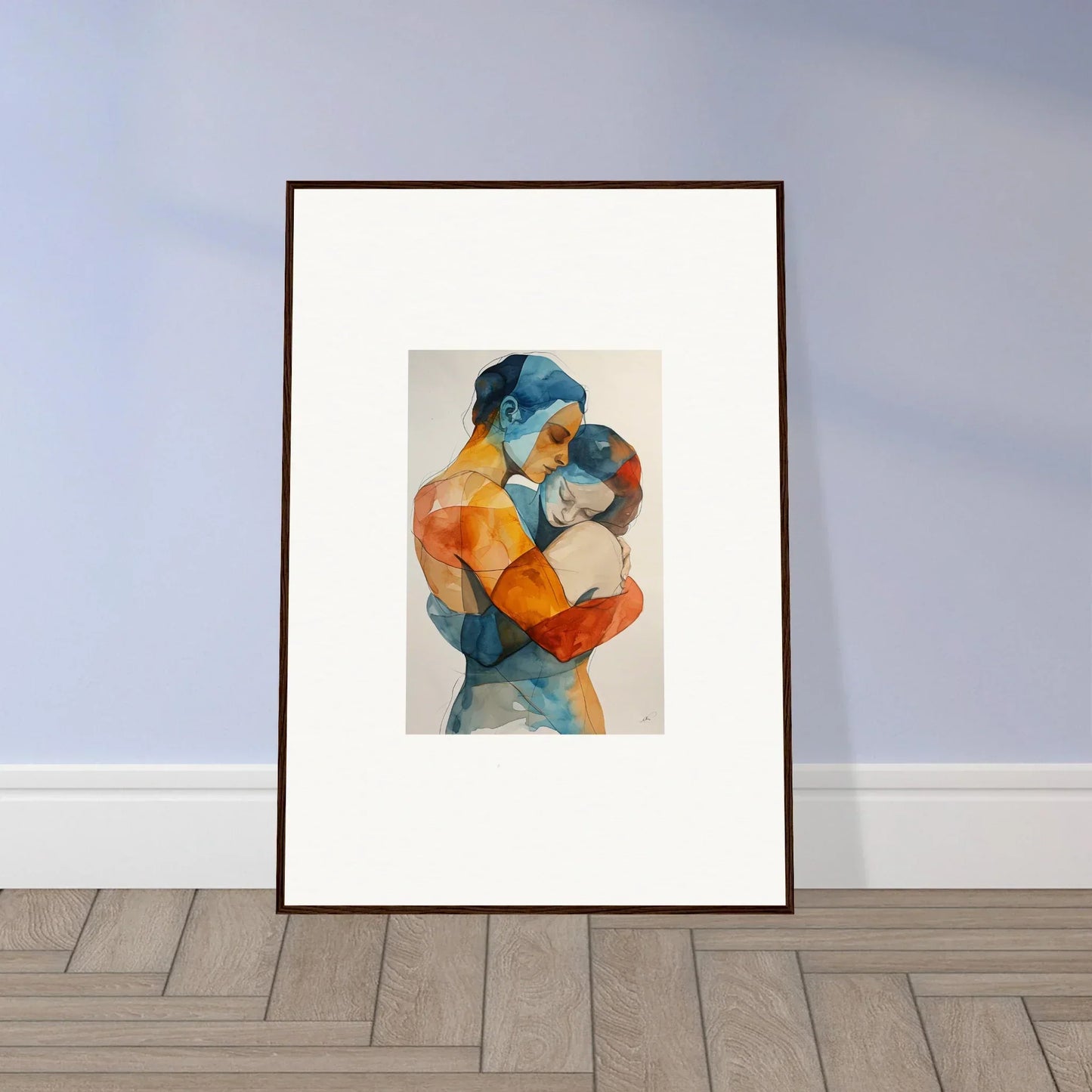 Framed watercolor of two figures in an embrace, perfect for room decoration