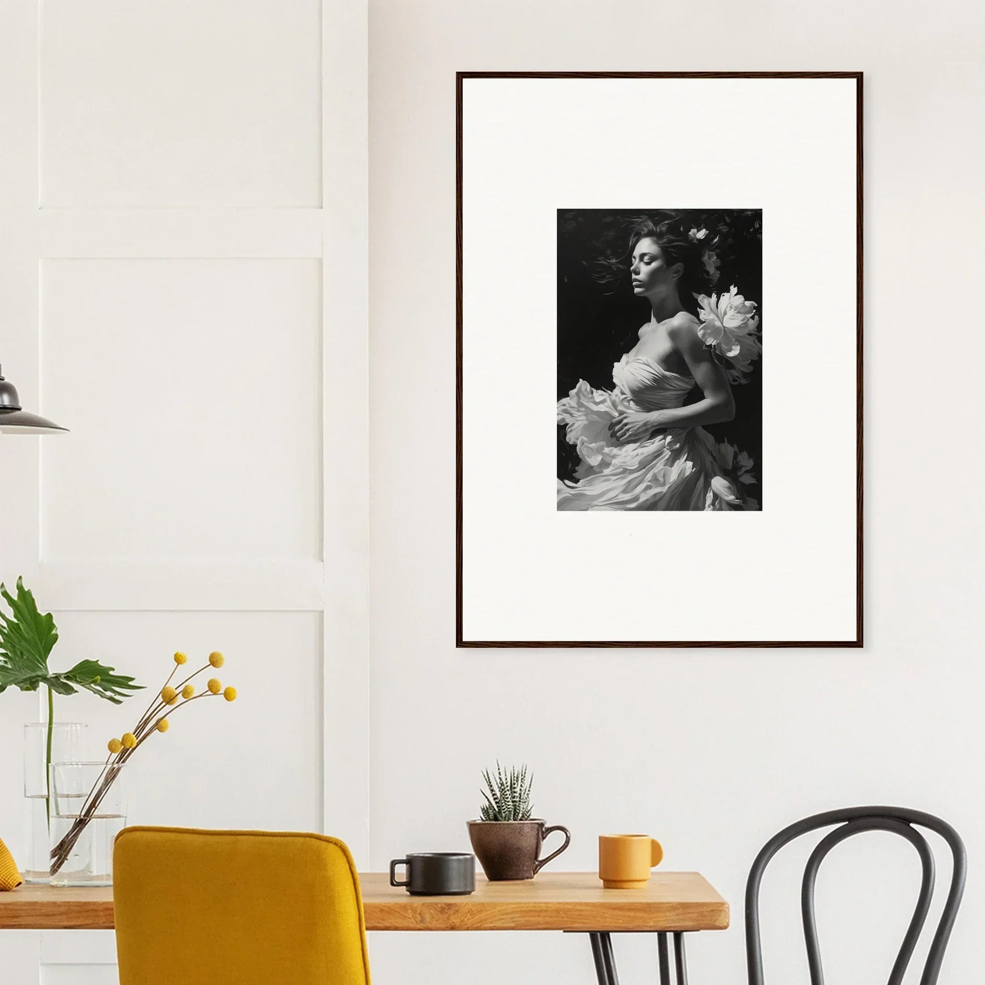 Framed black and white photo of a woman with flowers, perfect for blossom expanse room decoration