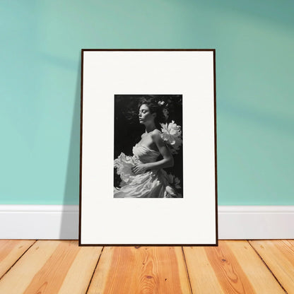 Framed black and white photo of a woman in a dress with flowers for room decoration