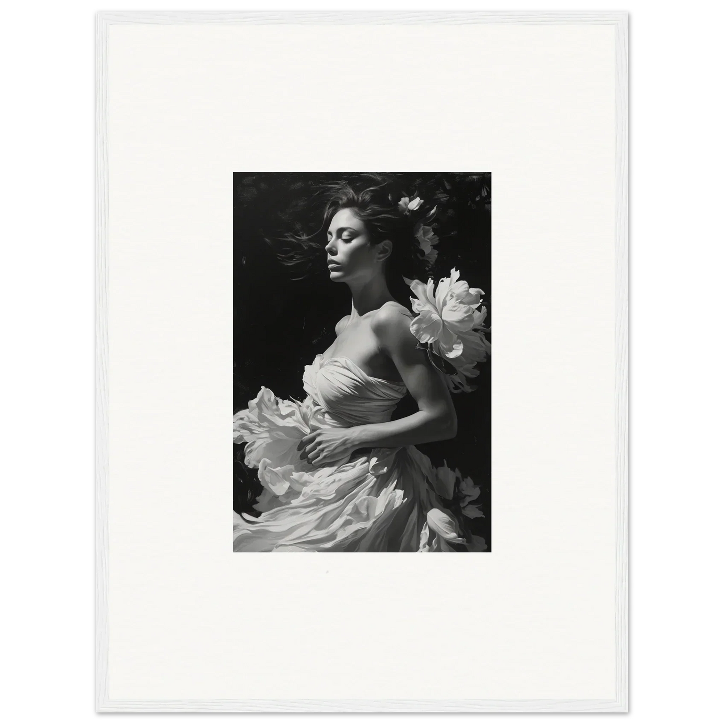 Elegant woman in flowing dress with blossoms, perfect for room decoration canvas print