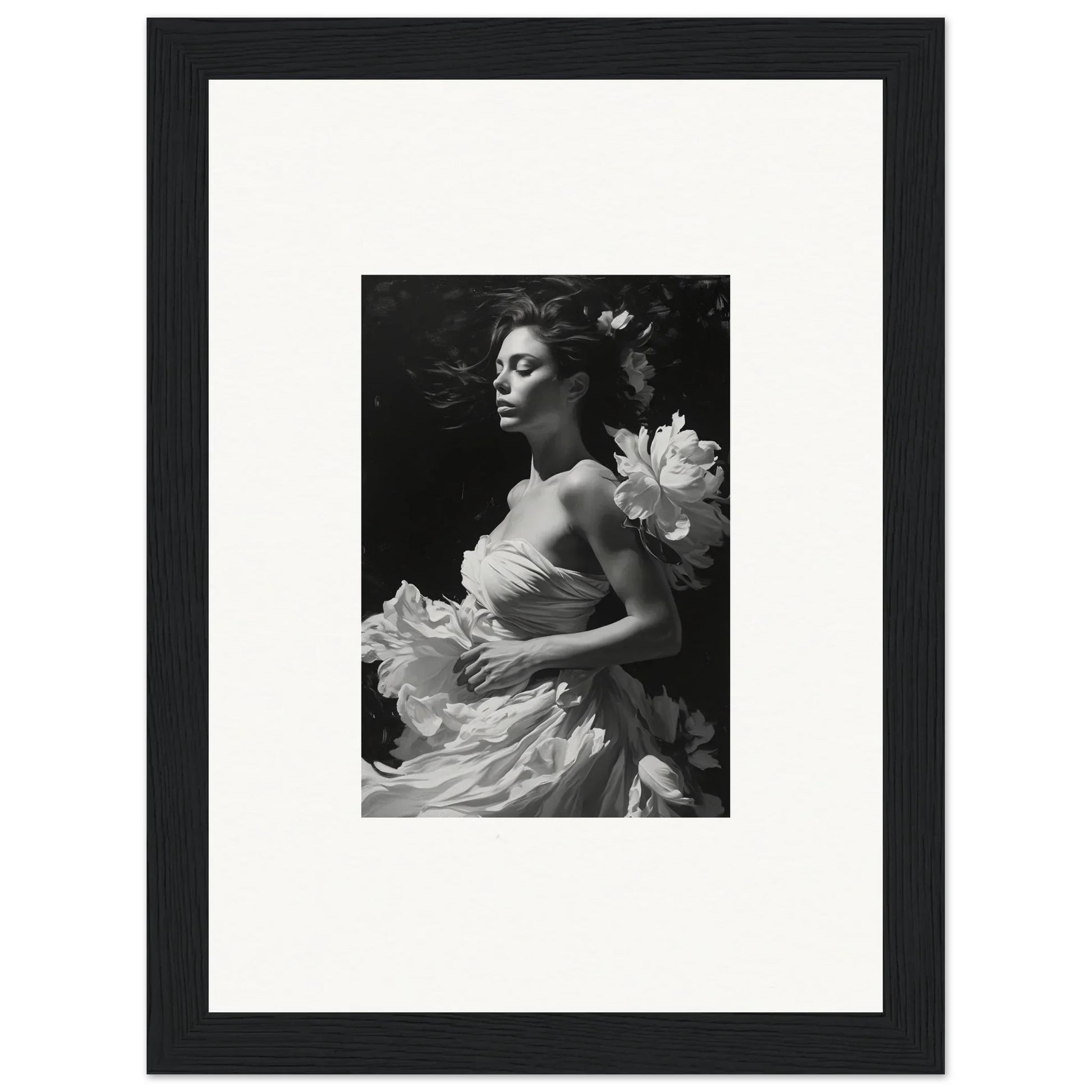 Black and white canvas print of woman in elegant dress for blossom expanse room decoration