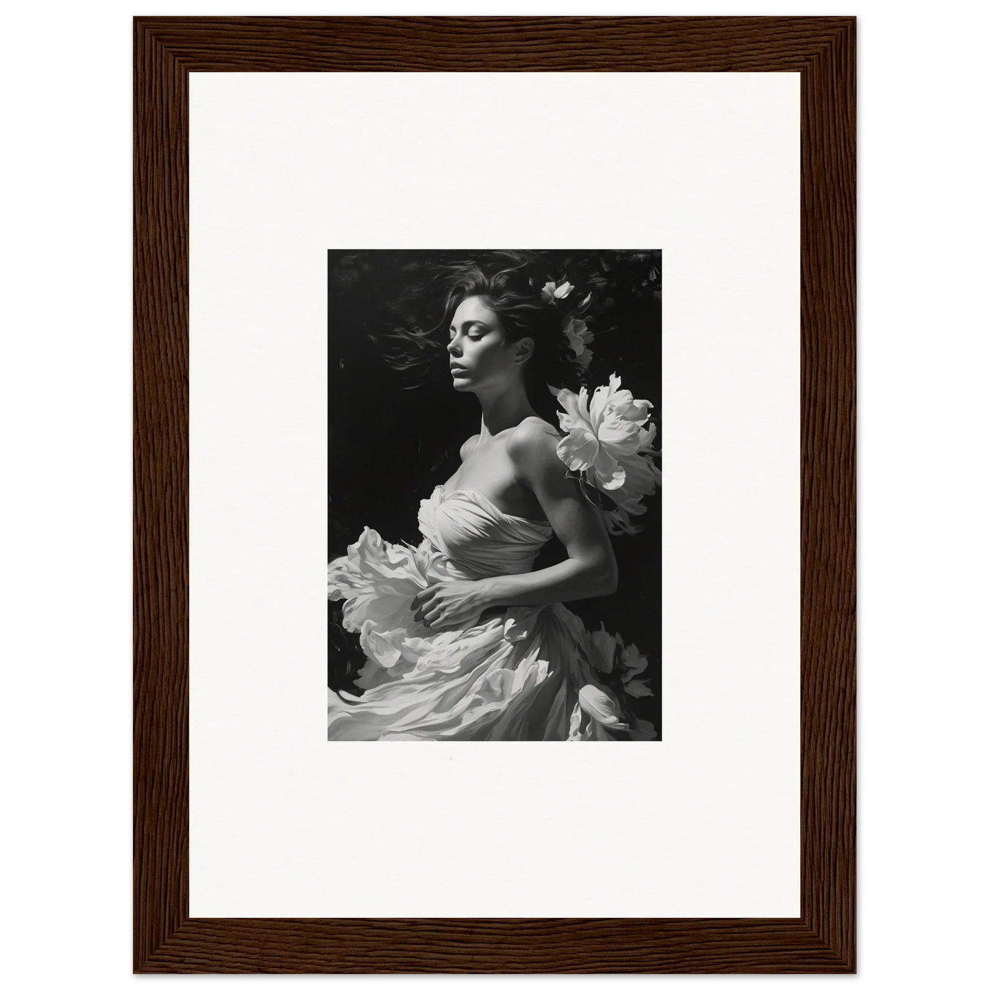 Black and white photo of a woman in a floral dress, perfect for blossom expanse room decoration