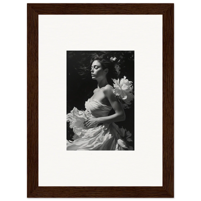 Black and white photo of a woman in a floral dress, perfect for blossom expanse room decoration