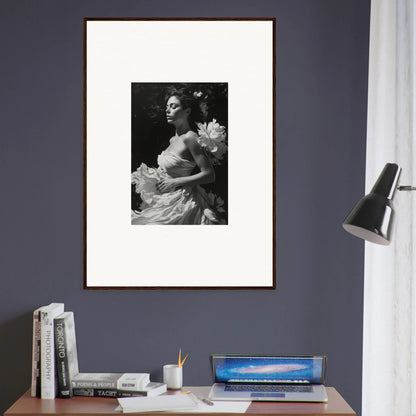 Framed black and white photo of a woman in an elegant dress for room decoration