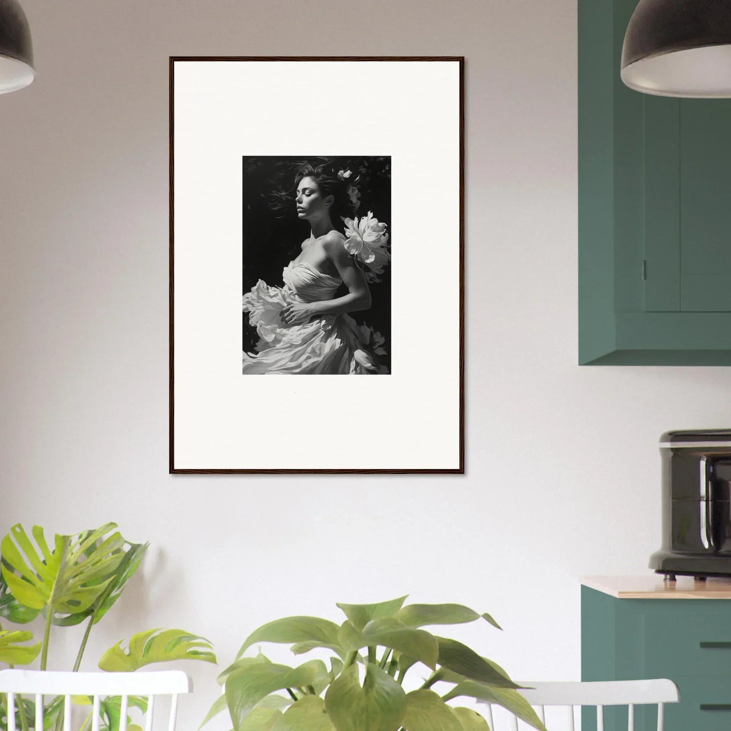 Framed black and white woman portrait with flowers, perfect for room decoration or canvas print