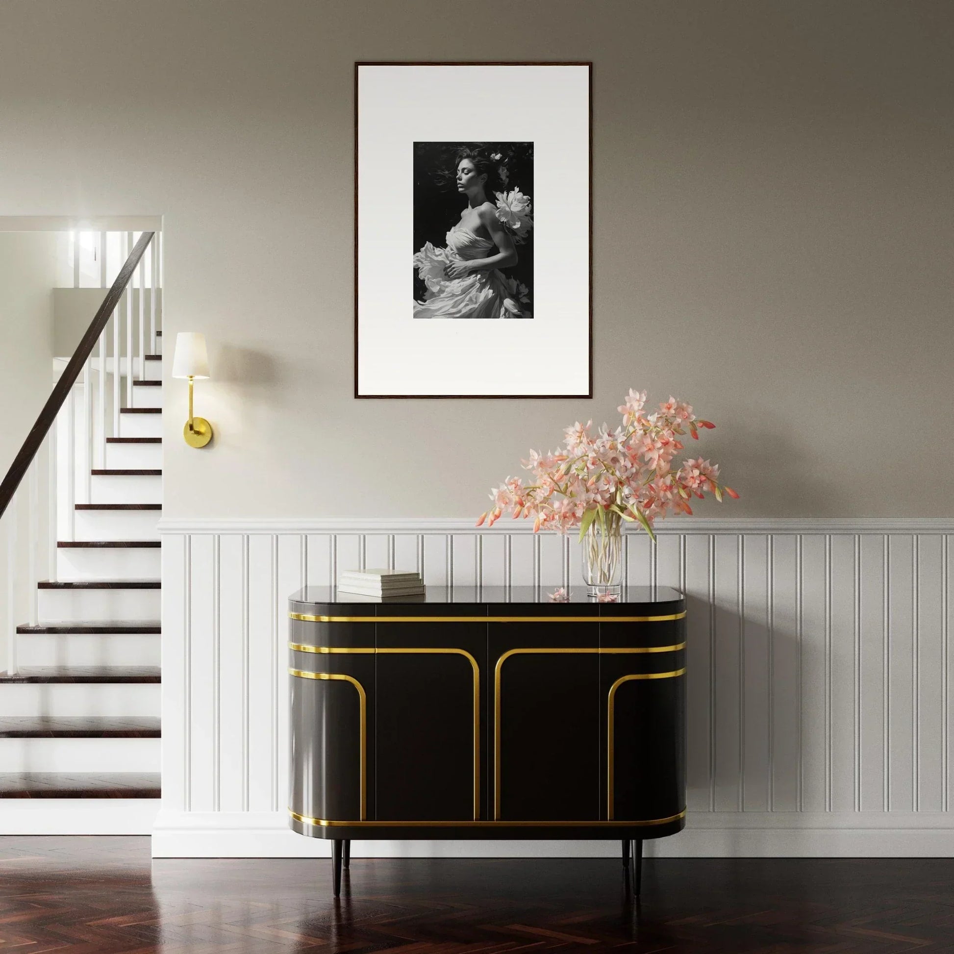 Elegant black and gold console table perfect for your Blossom Expanse room decoration