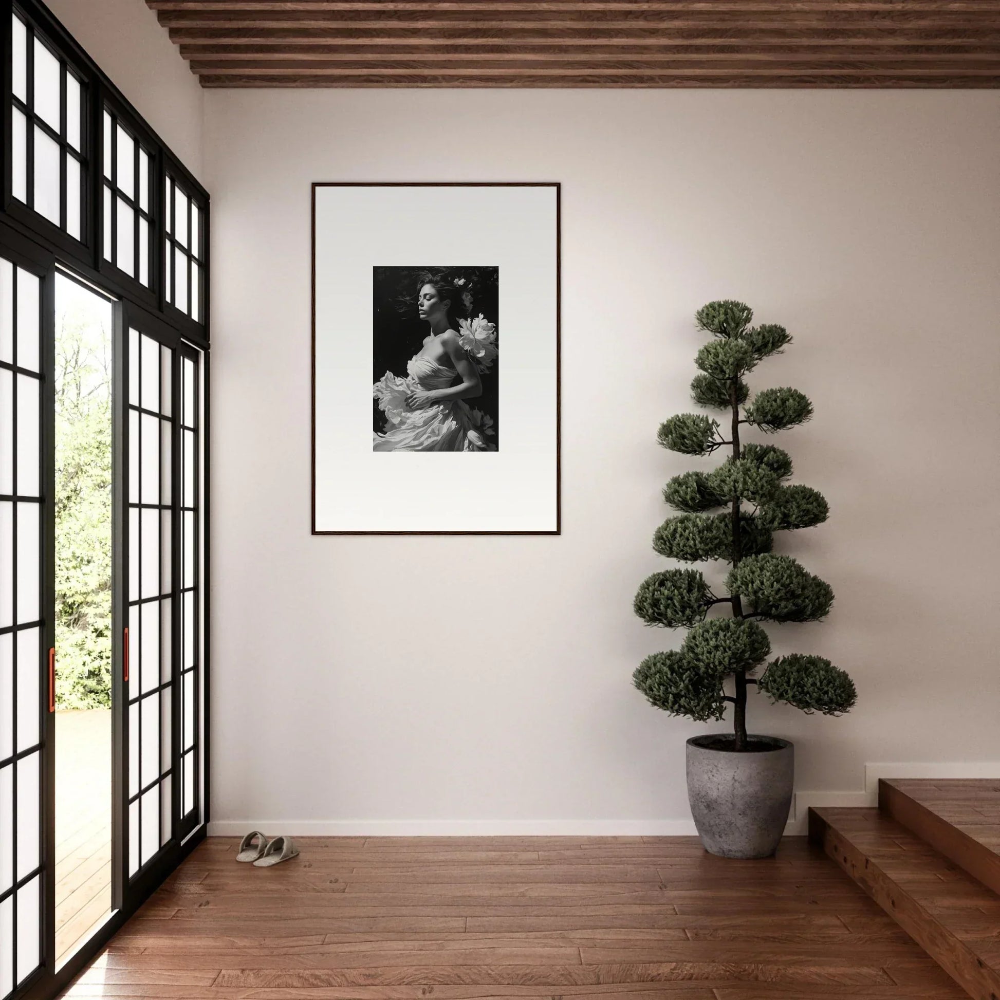 Framed black and white photograph of Dreamlike Blossom Expanse for stylish room decoration