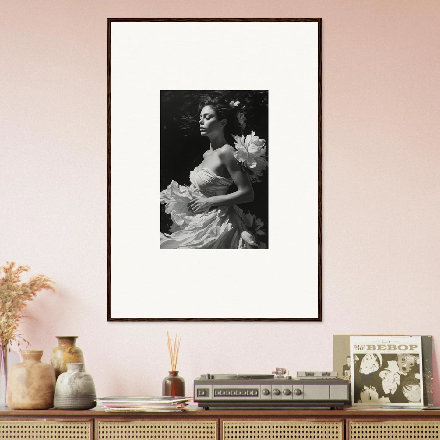 Framed black and white photo of a woman in an elegant dress, perfect for room decoration