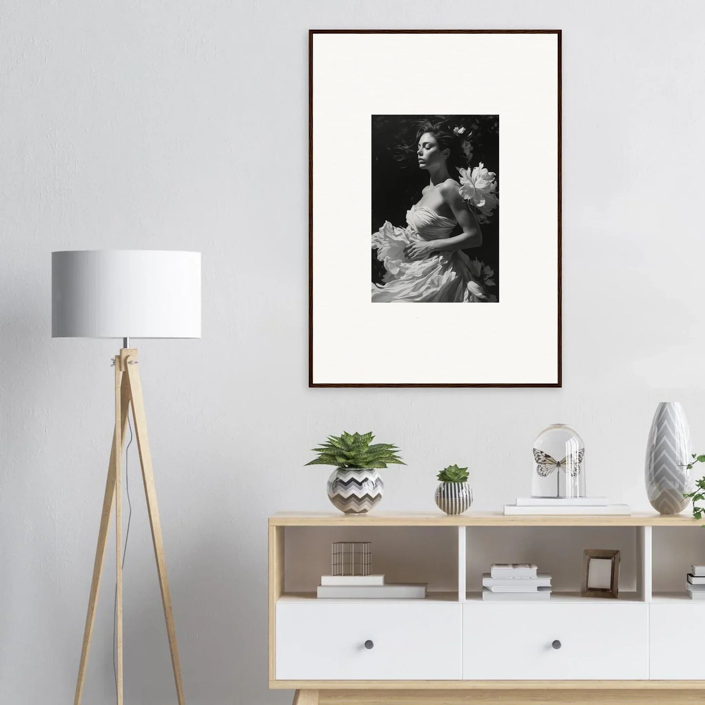 Framed black and white photo of woman in elegant dress, perfect for blossom expanse room decoration