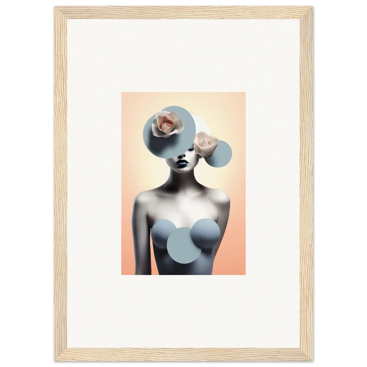 Surreal female figure art with blue circles for a dreamy ceramic reverie room decoration