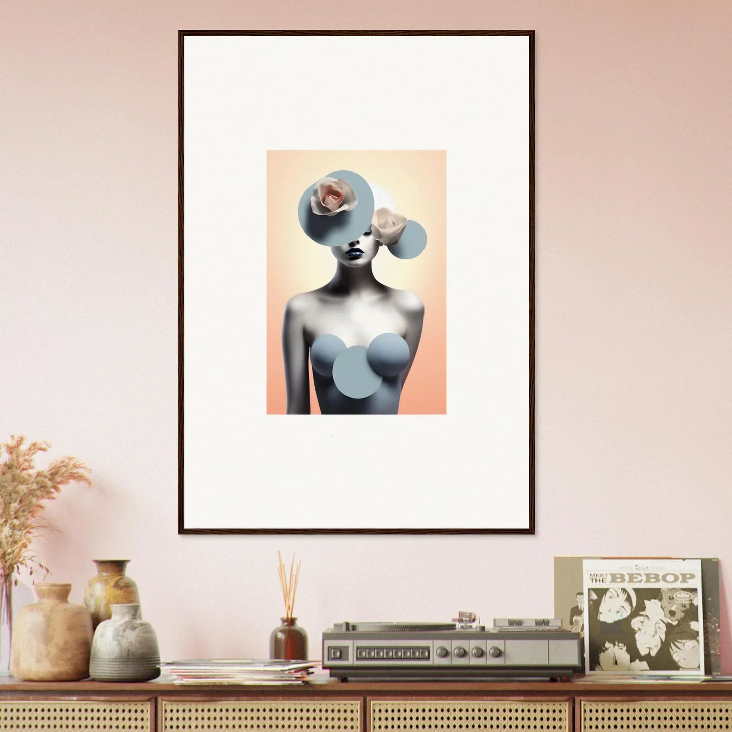 Framed surrealist canvas print of a female figure for dreamy room decoration