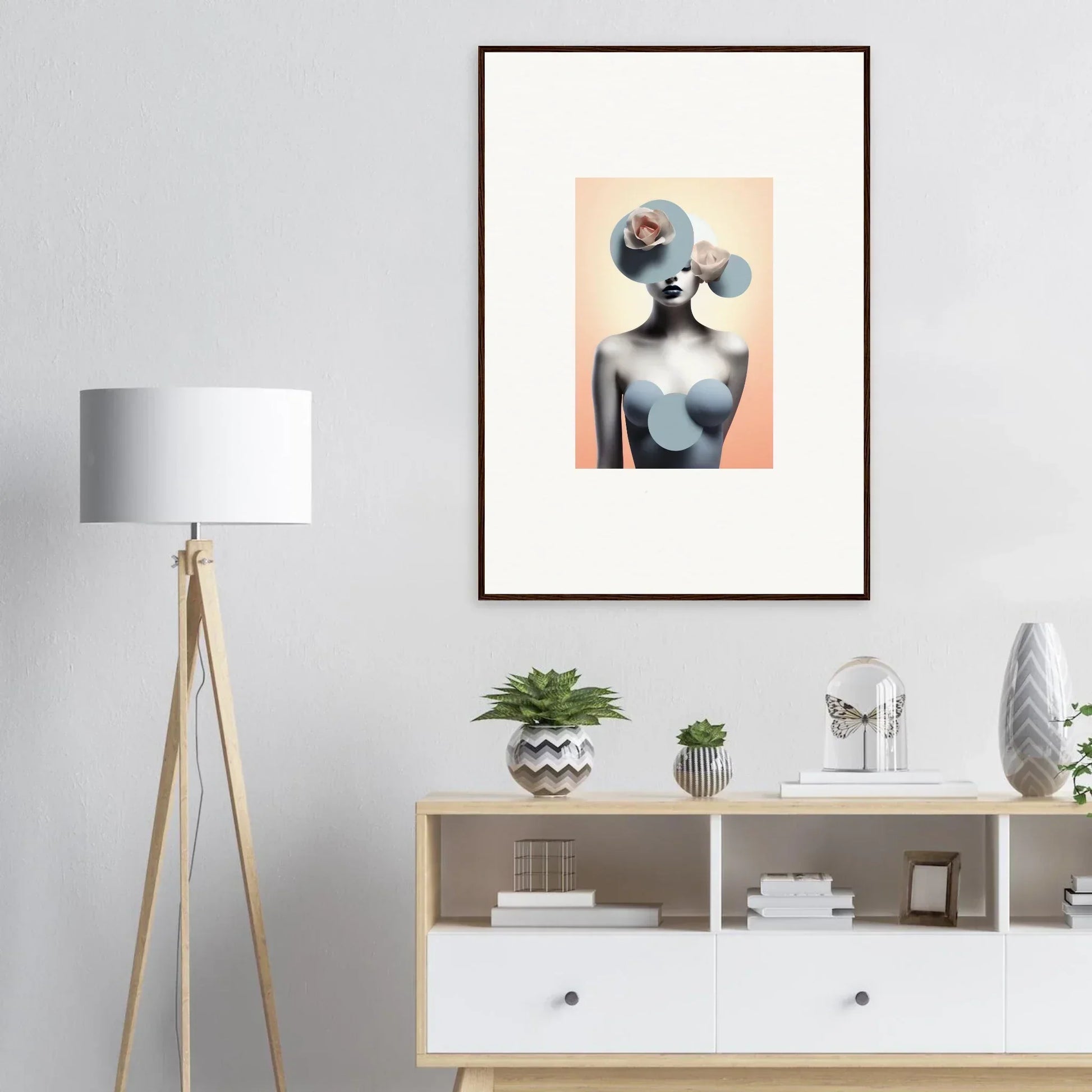 Framed surrealist artwork of a female figure for a dreamy ceramic reverie room decoration