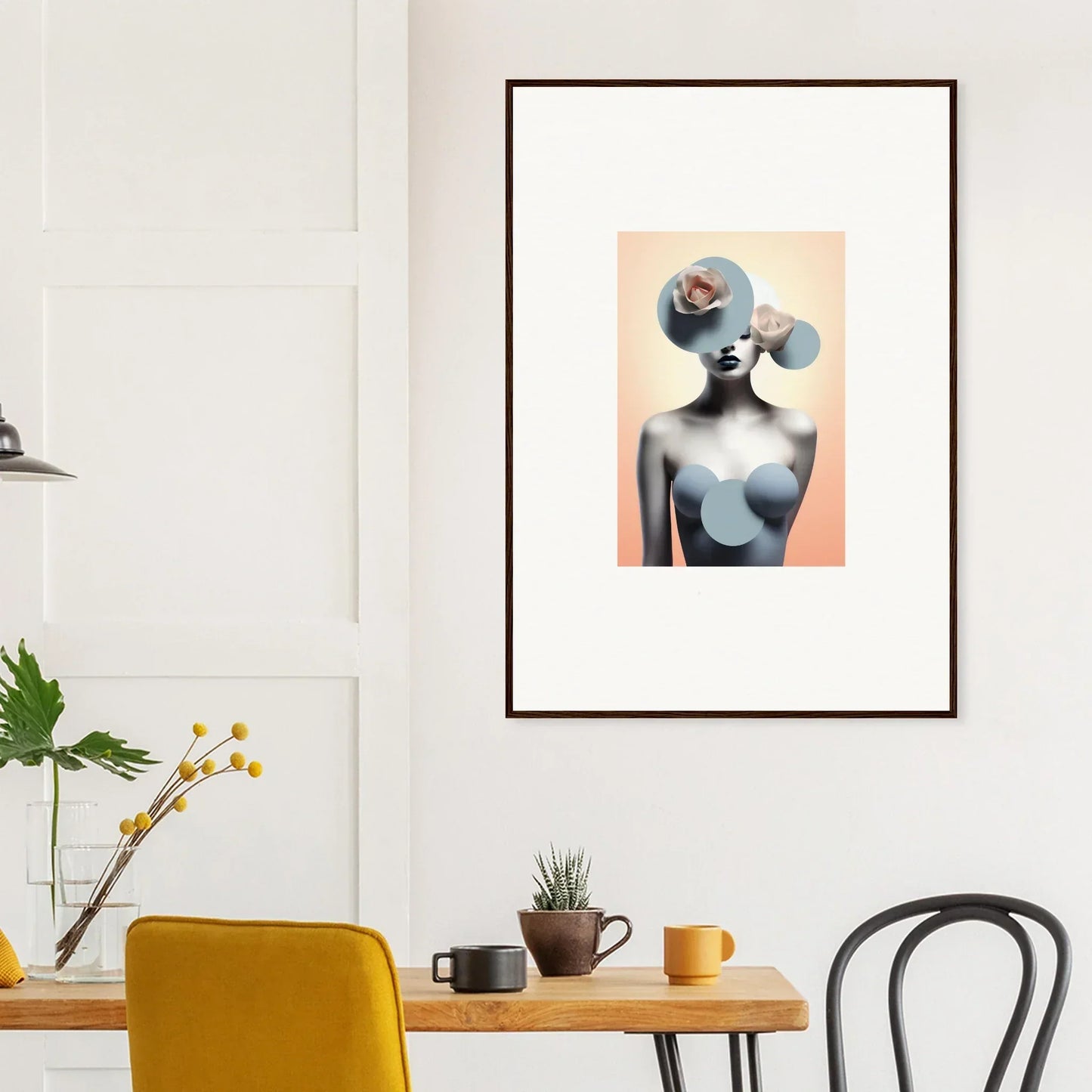 Framed surrealist canvas print of a female figure for ceramic reverie room decoration