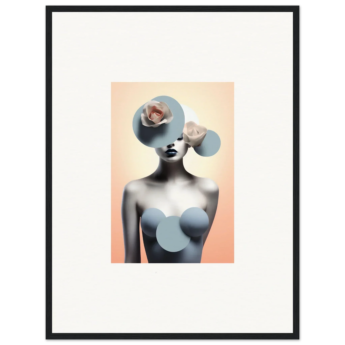 Surrealist portrait with circular overlays, perfect for ceramic reverie or room decoration