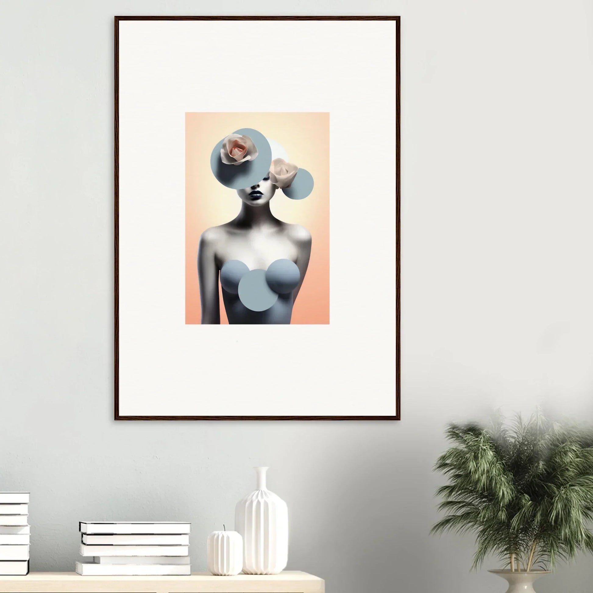 Surrealist artwork with circular shapes on a figure from the Dreamlike Ceramic Reverie