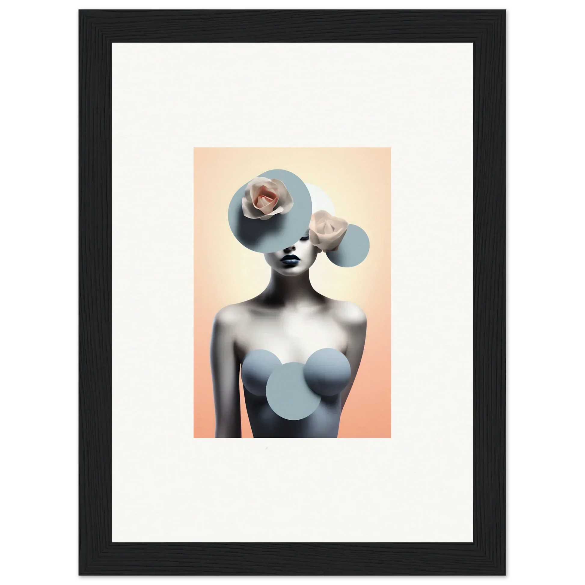 Surrealist portrait of a woman with flowers, perfect for ceramic reverie room decoration