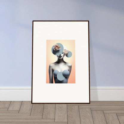 Framed surrealist art with a female figure in circular shapes for ceramic reverie decor