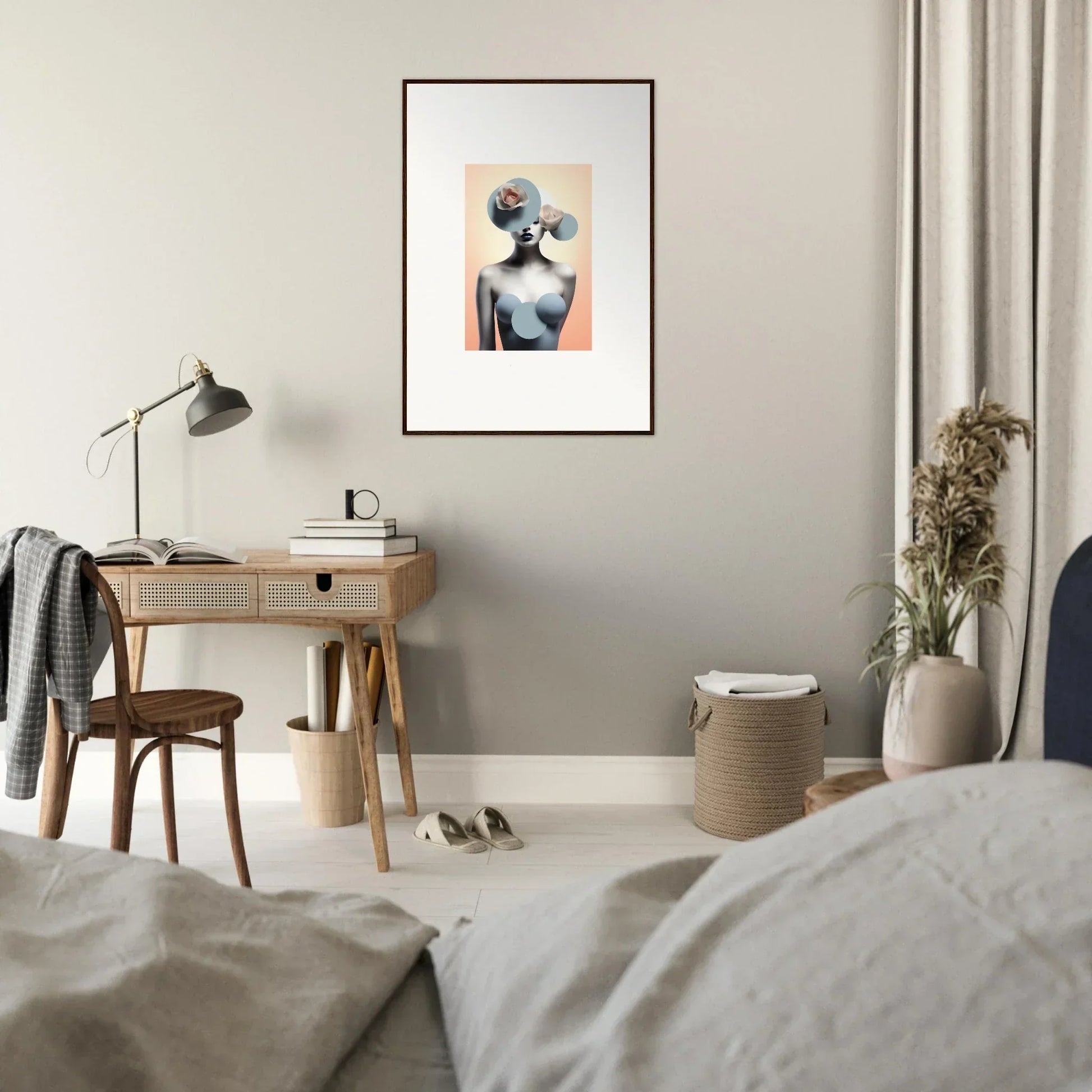 Framed canvas print of a stylized female figure for dreamlike ceramic reverie room decoration