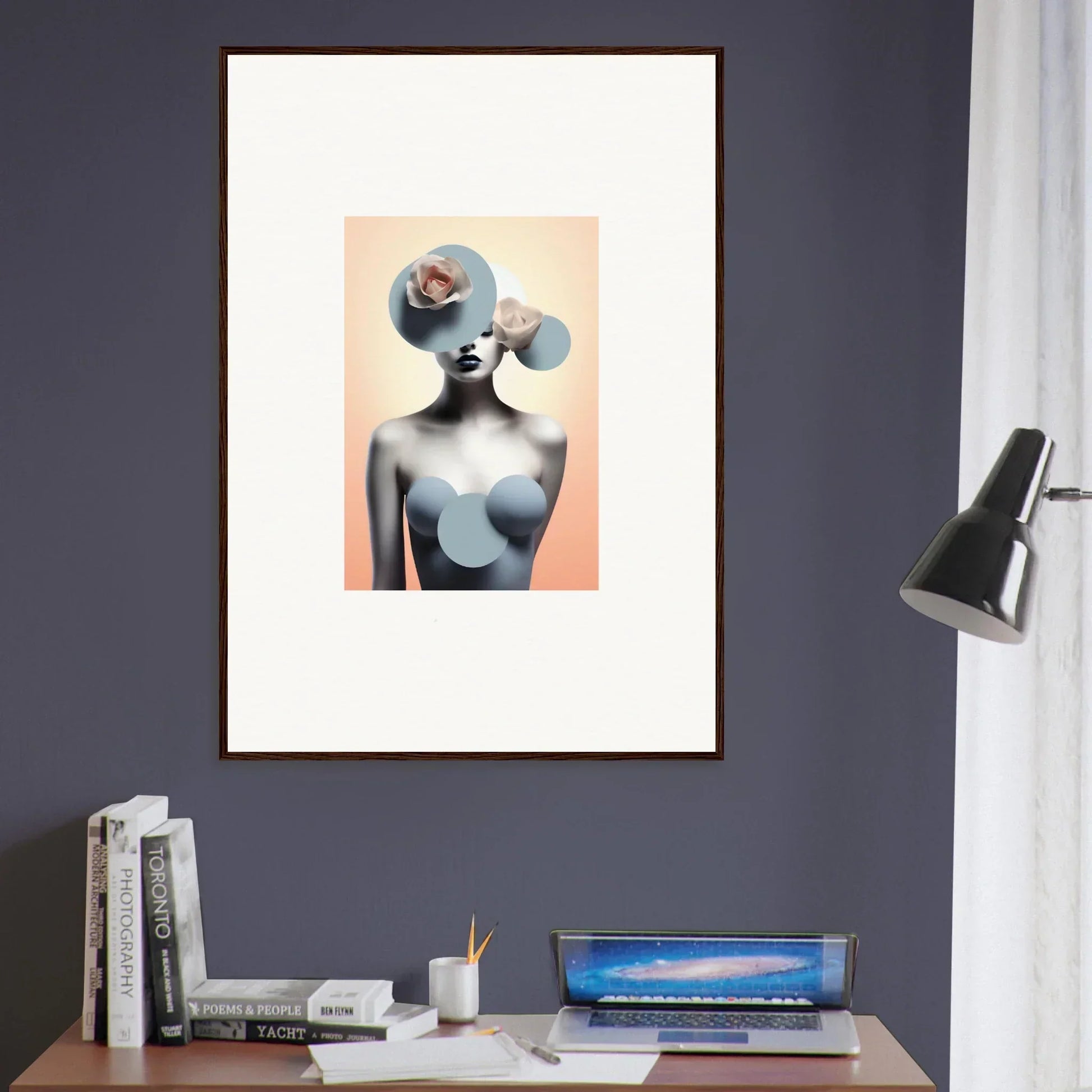 Surrealist canvas print of a female figure with circular shapes for unique room decoration