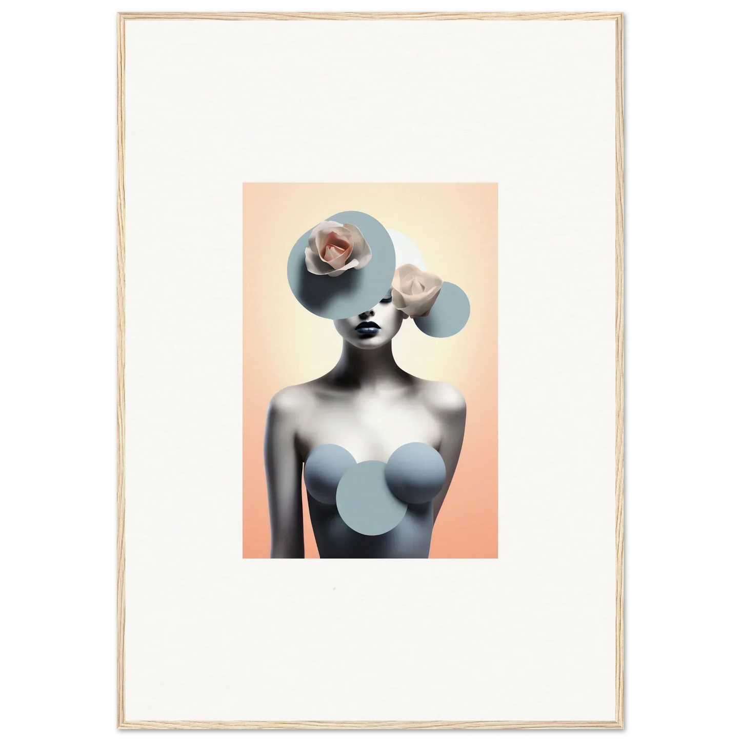 Surrealist portrait of a woman with blue shapes in the Dreamlike Ceramic Reverie canvas print