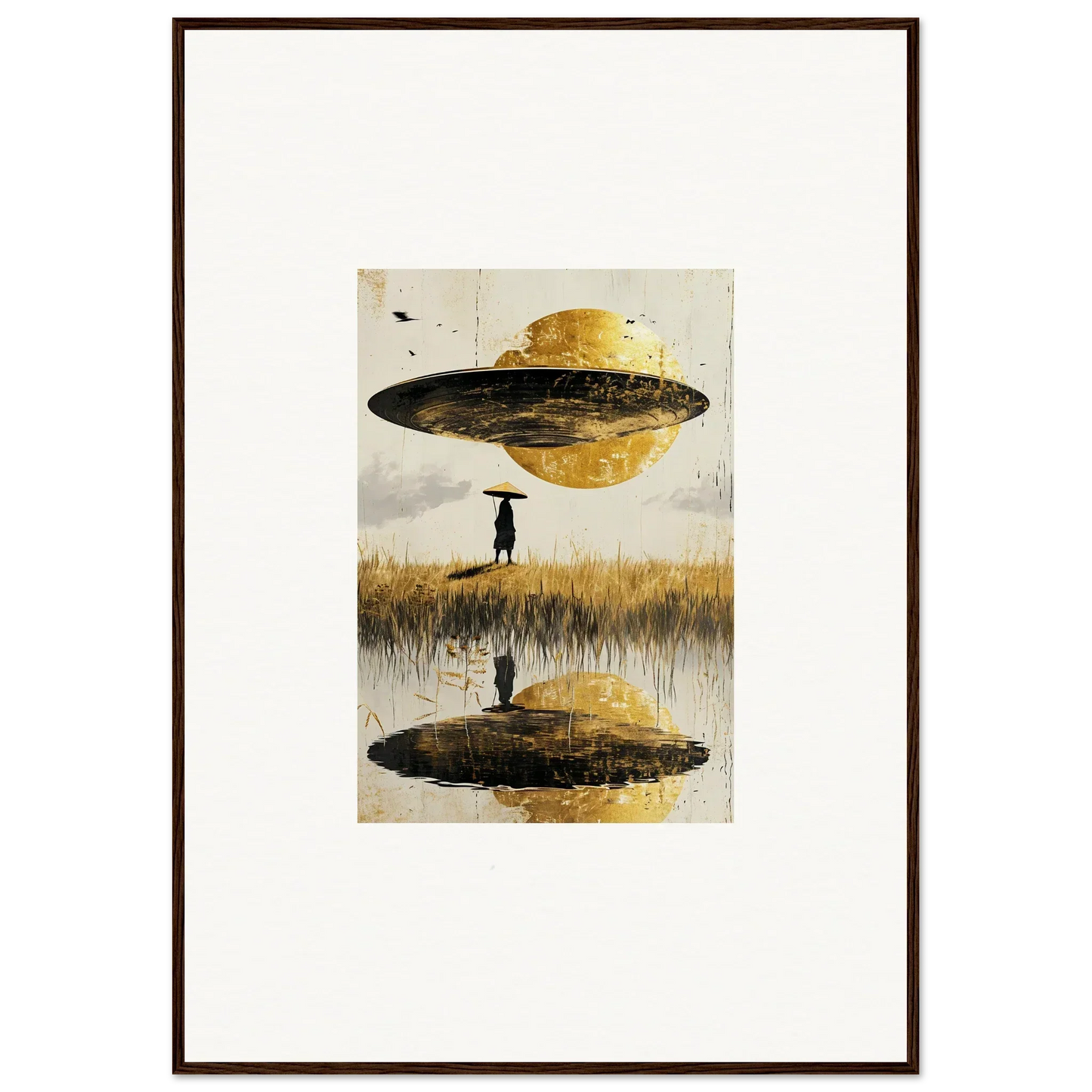 Surreal canvas print of a UFO-like object with a silhouetted figure for room decoration