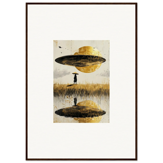 Surreal canvas print of a UFO-like object with a silhouetted figure for room decoration