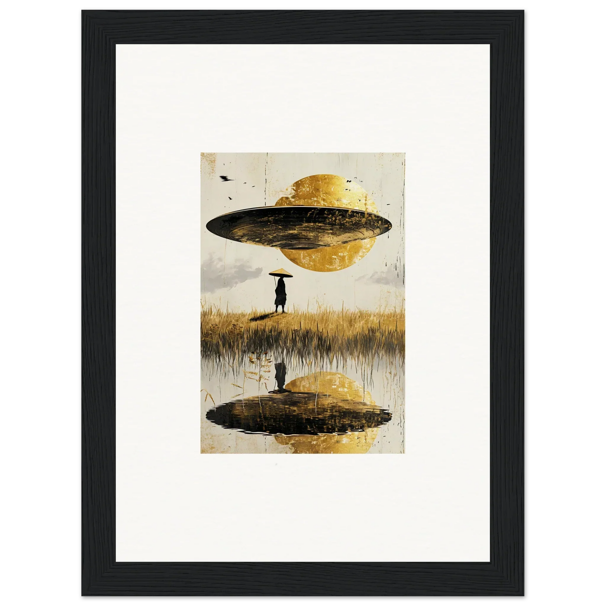 Surreal UFO planet over reflective landscape with silhouetted figure canvas print for room decoration