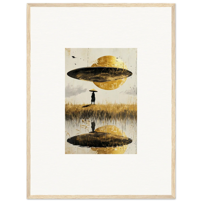 Surreal UFO scene with umbrella figure in water, perfect for Airborne Crown canvas print